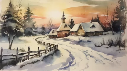 Papier Peint photo Beige Watercolor hand-drawn illustration Aquarell Winter wonderland landscape Mountains  AI 