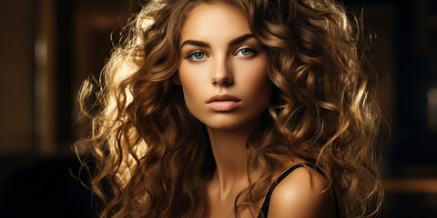 Fototapeta premium Elegant Curly Hair: Vogue-Style Portrait of a Beautiful Woman