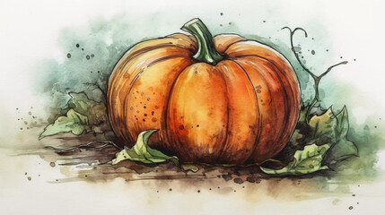 Watercolor hand-drawn illustration Aquarell pumpkin fall autumn field AI 