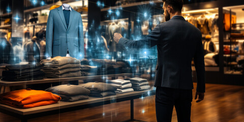Futuristic Clothing Selection: Man Trying Virtual Fashion
