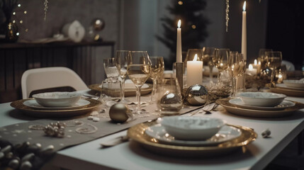 Fototapeta na wymiar Christmas table setting with decorations and wine glasses modern seasonal AI 