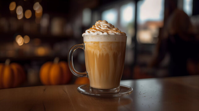 Glass cup with tasty pumpkin spice latte in a modern kitchen autumn Seasonal AI 