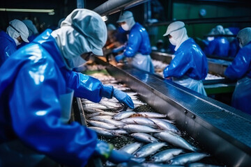 Fish processing plant. Production Line. People sort the fish moving along the conveyor. Sorting and preparation of fish. Production of canned fish. modern food industry.
