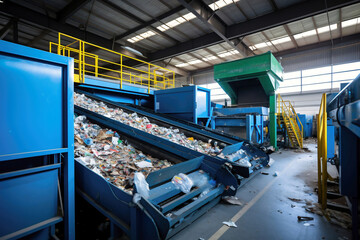 A conveyor belt full of garbage in a factory. Plant for the processing and sorting of garbage and household waste. Waste disposal and recycling. Ecology. Secondary use of resources.
