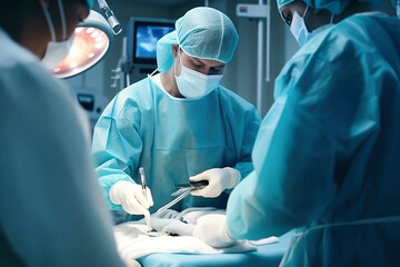 Photo of surgeons performing a complex surgery in a modern operating room. A group of surgeons performing surgery on a patient.