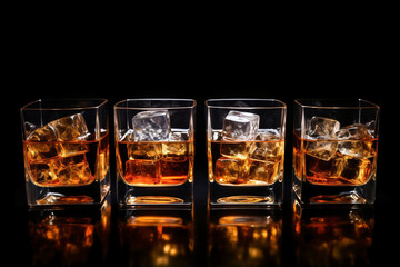 Set of strong alcoholic drinks in glasses and shot glass in assortent: vodka, rum, cognac, tequila, brandy and whiskey. Dark vintage background, selective focus.