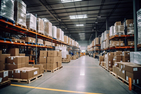 A huge warehouse filled with neatly stacked boxes. Interior of a modern warehouse. Large space for storing and moving goods. logistics. Trade in the modern world.