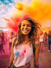 Naklejka premium Charming young girl feeling happy at Holi color festival
