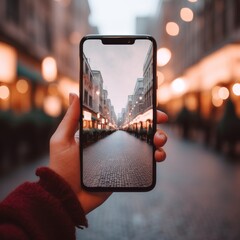 A modern phone, a smartphone, In Close-up: Tourist Snapping Photos with Smartphone During Journey, Capturing Memories with Phone on a Day Trip, Cityscape at Twilight, Technology