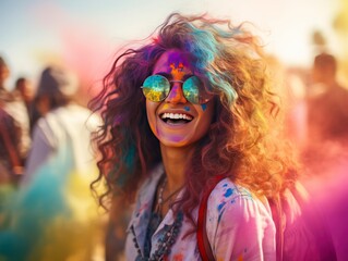 Obraz premium Charming young girl feeling happy at Holi color festival