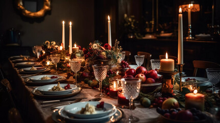 Fototapeta na wymiar Christmas table setting with decorations and wine glasses modern seasonal opulent AI 