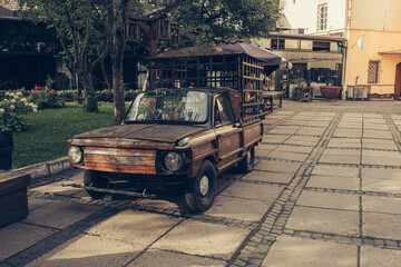 Dome of the church with a cross. City Lviv. Flag of Ukraine.