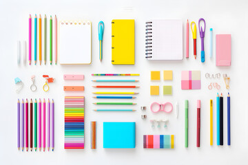 Colorful stationery arranged on a white background.