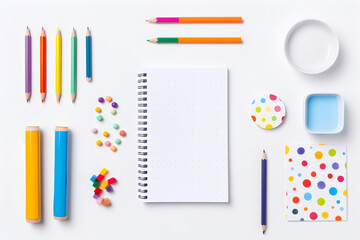 Colorful stationery arranged on a white background.