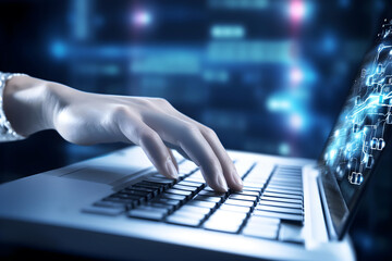 person typing on a keyboard. Closeup view of a hand on a laptop computer keyboard. Future tech concept