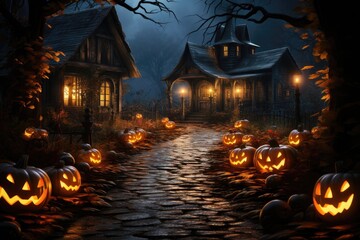 Fototapeta na wymiar Halloween background with pumpkins and old wooden house in the fog