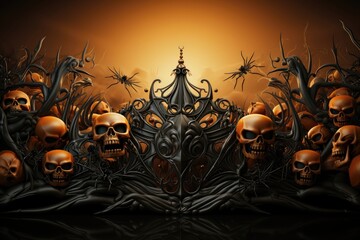 Halloween background with spooky skulls on dark background
