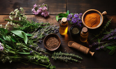 Obraz na płótnie Canvas Aromatherapy, herbs, flowers and bottles of essential oil on a wooden background.
