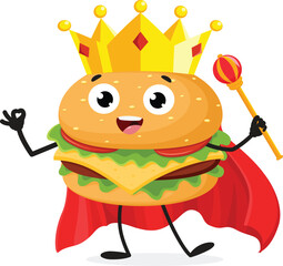 King burger cartoon wearing crown, isolated on white background