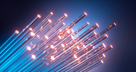 Close up of fiber optics cable with light effects and blue background - 3D illustration - 638816729