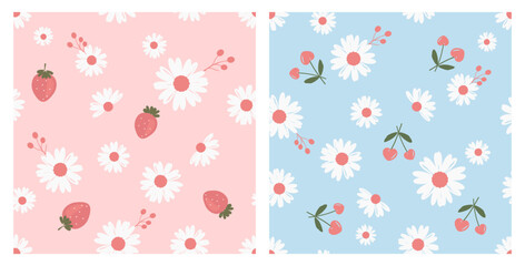 Seamless pattern with flowers, strawberry, cherry fruit on pink and blue background vector illustration.