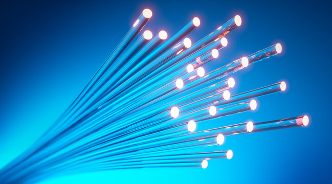 Close up of fiber optics cable with light effects and blue background - 3D illustration
