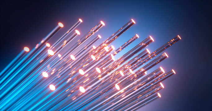 Close up of fiber optics cable with light effects and blue background - 3D illustration