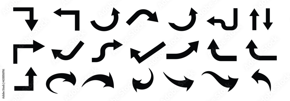 Wall mural Set of black curved arrows. Way direction arrow sign. Way sign. Road navigation arrows. Driving direction mark, location point crossroad. Vector illustration