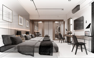  sketch design of interior bedroom, 3d rendering wire frame