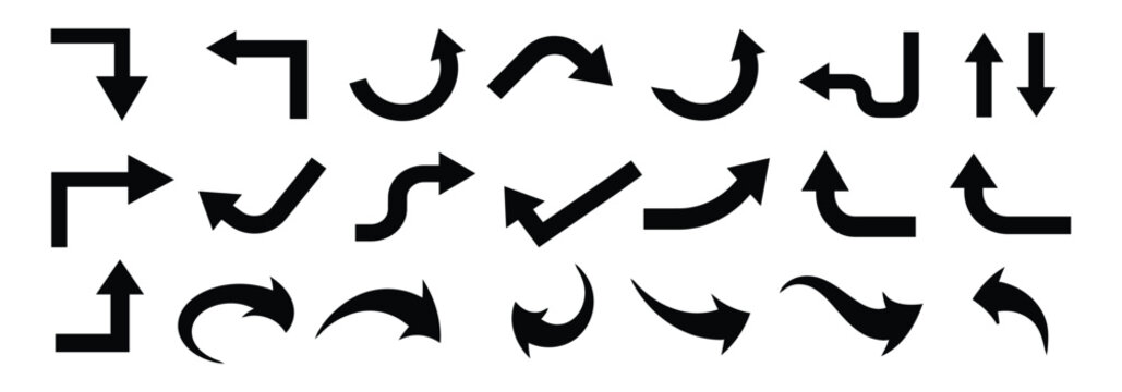 Set of black curved arrows. Way direction arrow sign. Way sign. Road navigation arrows. Driving direction mark, location point crossroad. Vector illustration