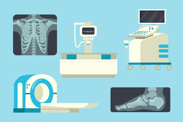 X-Ray scans and radiography equipment vector illustrations set. Collection of cartoon drawings of chest and foot X-Ray scans, PET or CT scan machine. Medicine, healthcare, radiography concept