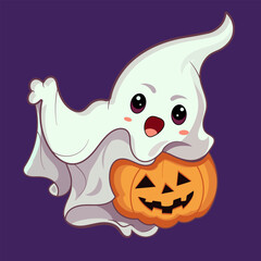 Cute ghost carries a pumpkin, clipart