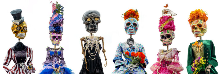 Dia de los Muertos (Day of the Dead) collection of skeletons and sugar skulls, funny catrinas women isolated on white, Halloween decor, Mexican traditional holiday