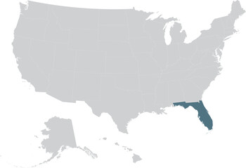 Blue Map of US federal state of Florida within gray map of United States of America