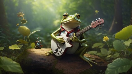 A frog using guitar in the forest