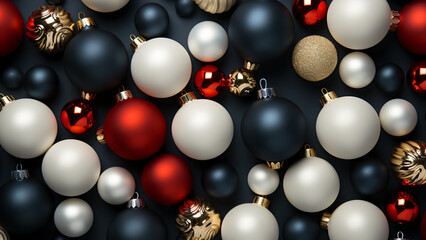 lots of white red blue christmas tree balls lying close together on a blue background, generative AI