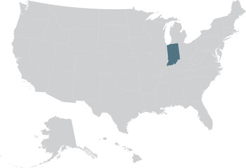 Blue Map of US federal state of Indiana within gray map of United States of America