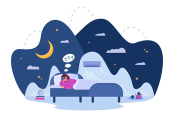Happy woman sleeping under air conditioner vector illustration. Comfortable bed with pillows, sheets and blankets in cozy bedroom, alarm clock and tea kettle nearby. Sleep environment concept
