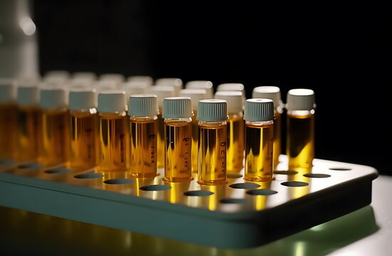 Tubes with urine to test athletes for doping. Concept of fair and healthy sport