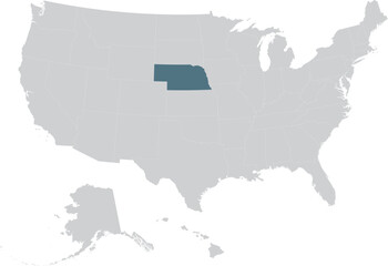Blue Map of US federal state of Nebraska within gray map of United States of America