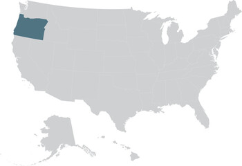 Blue Map of US federal state of Oregon within gray map of United States of America