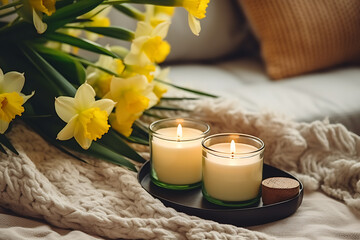 Candles with daffodils in a home interior