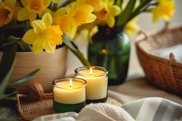 Fototapeta na wymiar Candles with daffodils in a home interior