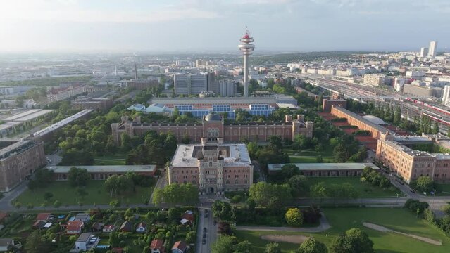 Drone panoramic of Telekom Tower in Vienna, Austria. Modern telecommunication technology.