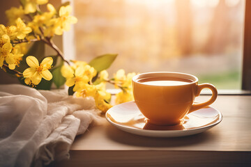Fototapeta na wymiar Cup of hot tea and spring home interior good morning concept