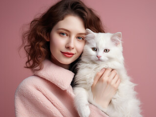 Beautiful and confident young woman with brown hair holding her beloved small white fur cat on pink studio background.