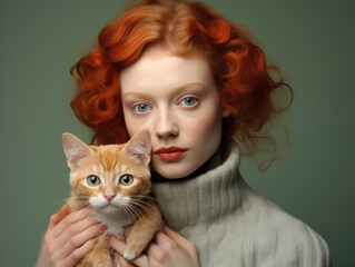 Beautiful and confident young woman with red hair holding her beloved small ginger fur cat on green studio background. Concept of pet and owner looking like each other