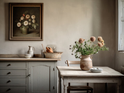 French rural cottage style kitchen filled with natural light and antique wooden finishes