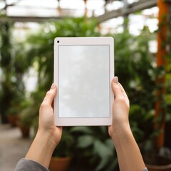 A woman holding a tablet with only hands, an empty space to fill, room for your graphic or text, white screen, an empty space, waiting to be filled, a spot for a message