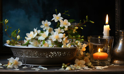 Obraz na płótnie Canvas Aromatherapy, still life with jasmine, oils, candles, soap.